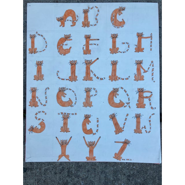 Contemporary 1970’s 3 Original Alphabet Nursery Animated Watercolor Paintings Cats Candles & Lightbulbs-Set of 3 For Sale - Image 3 of 4