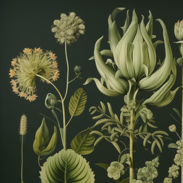 Contemporary 20' X 20' Original Botanical Print - Dark Green Grisaille For Sale - Image 3 of 5