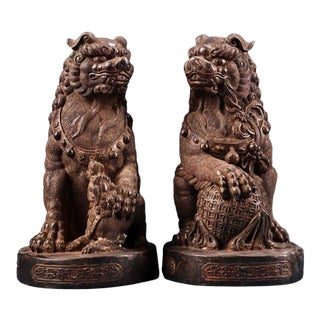 Pair of Large Vintage Gilt Bronze Guardian Lions – Repoussé & Chased Detailing For Sale