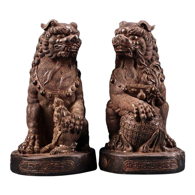 Pair of Large Vintage Gilt Bronze Guardian Lions – Repoussé & Chased Detailing For Sale