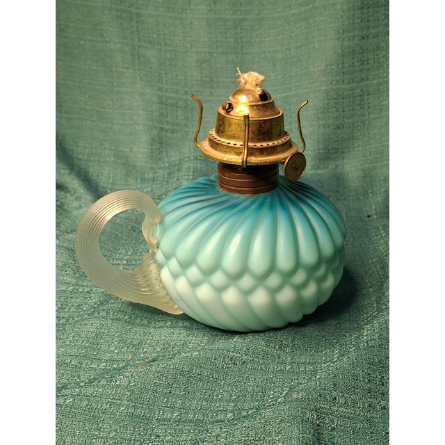Rare Antique Blue Satin Glass Oil Kerosene Finger Lamp Hand-Blown Uv Reactive For Sale - Image 12 of 18