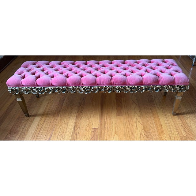 Pink Vintage Hollywood Regency Style Dorothy Draper Archlace Design Tufted Bench For Sale - Image 8 of 11
