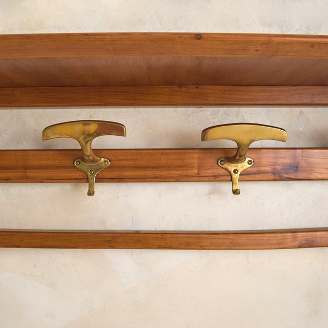 Metal Danish Modern Cherry Wood + Brass Wall-Mounted Coat Rack, 1960s For Sale - Image 7 of 9