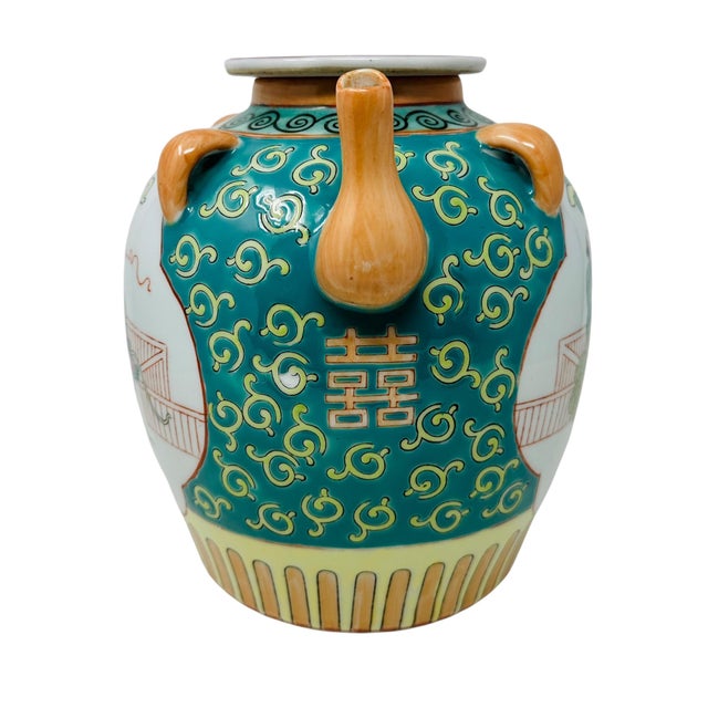 Vintage Chinese Famille Rose Ewer | Decorative Porcelain Wine Pot | Mid-Century Chinoiserie Decor | Hand-Painted Qilin Mythical Figure Pitcher For Sale - Image 9 of 15