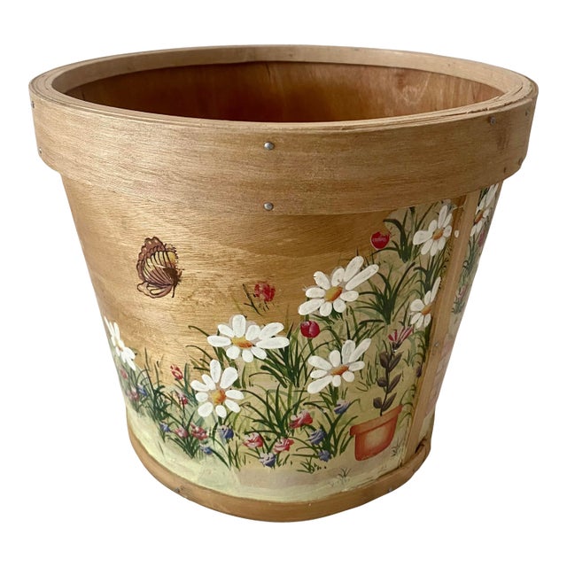 Vintage Indoor Wooden Folk Art Country Cottage Farmhouse Motif Hand-Painted Planter/Basket/Bucket For Sale
