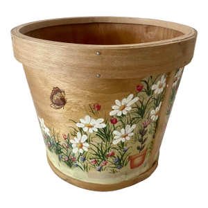 Vintage Indoor Wooden Folk Art Country Cottage Farmhouse Motif Hand-Painted Planter/Basket/Container