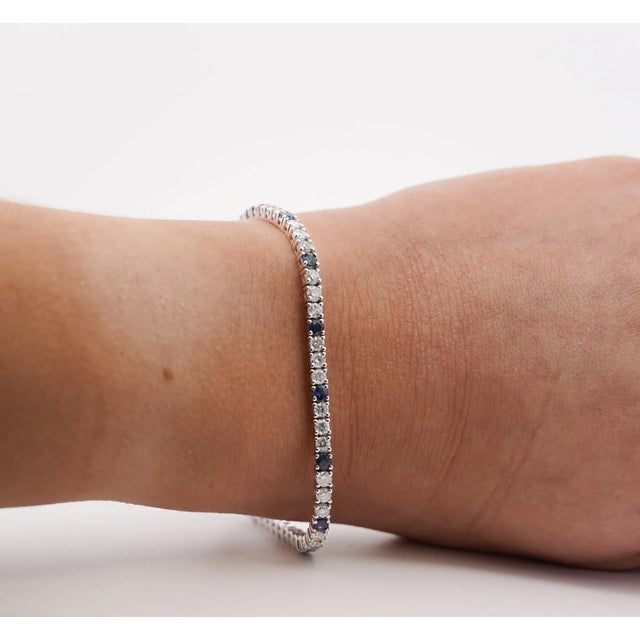 2010s 9 Carat Natural Blue Sapphire and Diamond Tennis Bracelet in 18K White Gold 7 For Sale - Image 5 of 7