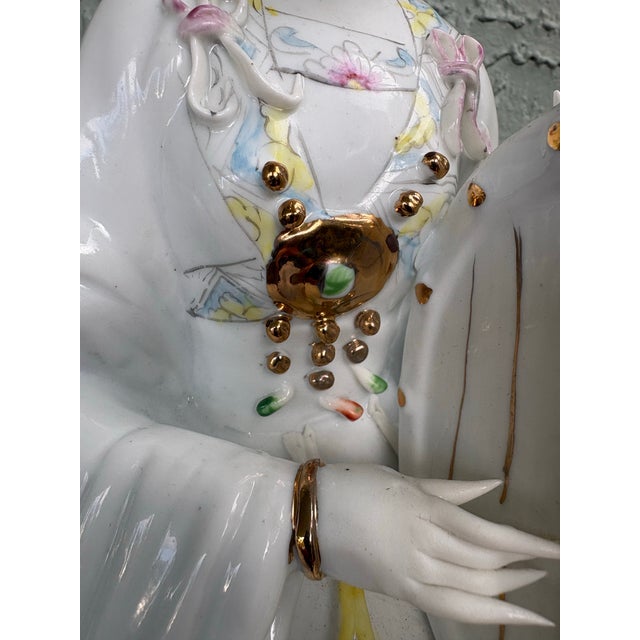 Vintage Chinese Porcelain Court Lady Musician Figurine With Applied Flowers and Gilt Accents For Sale - Image 4 of 12