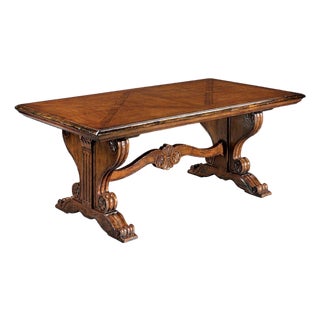 Italian Rustic Trestle Extension Dining Table With Hand-Carved Base and Inlaid Top For Sale
