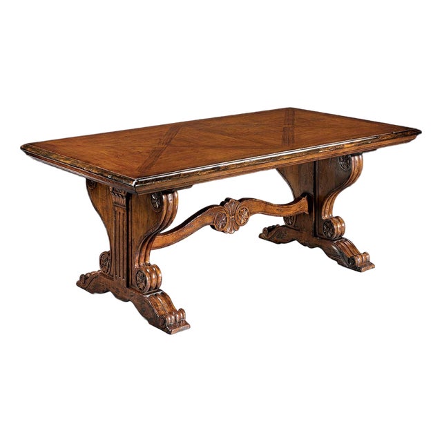Italian Rustic Trestle Extension Dining Table With Hand-Carved Base and Inlaid Top For Sale