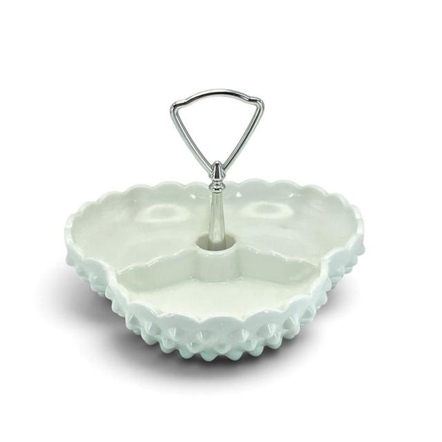 Fenton Art Glass Company Vintage Fenton Milk Glass Hobnail Tricorn Divided Dish (3-Part) With Metal Handle 7-Inch For Sale - Image 4 of 13