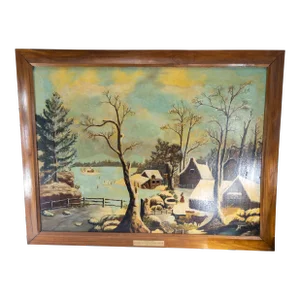 19th Century American Folk Art Americana Landscape Painting of a Farm