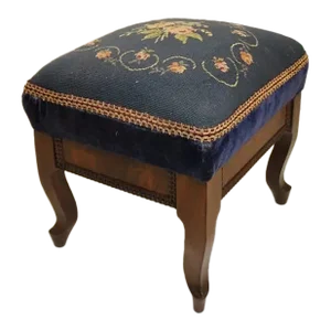19th Century Early American Mahogany Footstool Footrest With Needlepoint