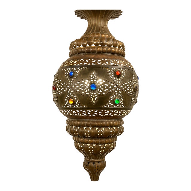 Antique Moroccan Brass Hanging Lantern With Jeweled Inlay For Sale