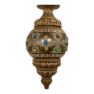 Antique Moroccan Brass Hanging Lantern With Jeweled Inlay