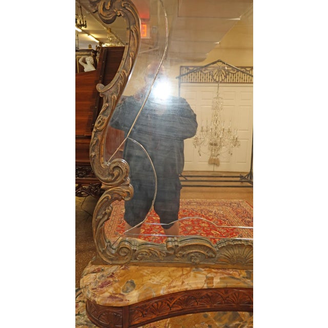 Brown French Louis XV Style Inlaid Walnut Marble Top Etched Mirror Vanity Circa 1920's For Sale - Image 8 of 13