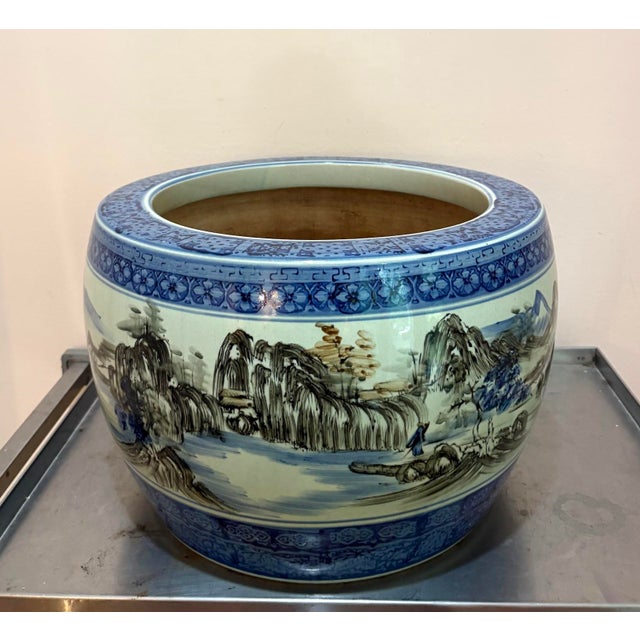Stunning early 20th century large Japanese hand-painted landscape planter. Some discoloration/aging to inside of planter...