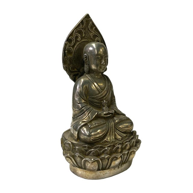 Chinese Oriental Silver Color Metal Lohon Monk Meditation Figure For Sale - Image 4 of 6