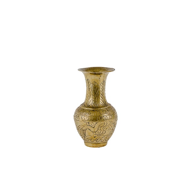 Metal Pair of Vintage Chinese Etched Brass Vases For Sale - Image 7 of 11