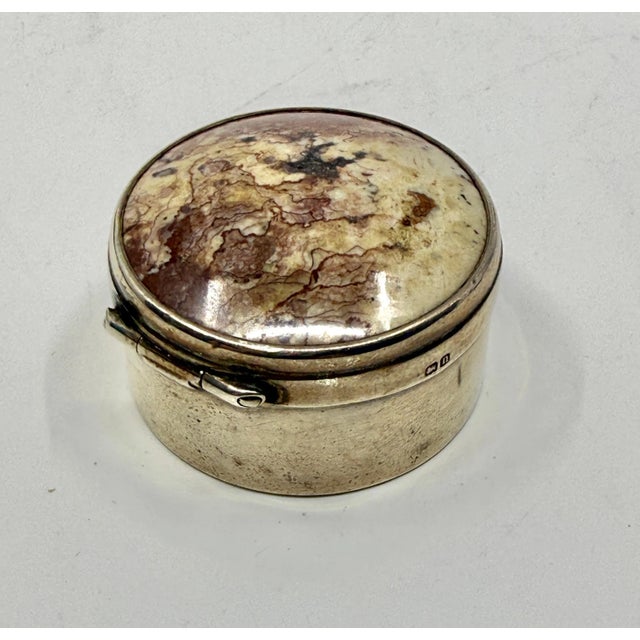 Metal Beautiful Birmingham 1912 Sterling Silver, Agate & Cabochon Ruby? Pill Box For Sale - Image 7 of 12