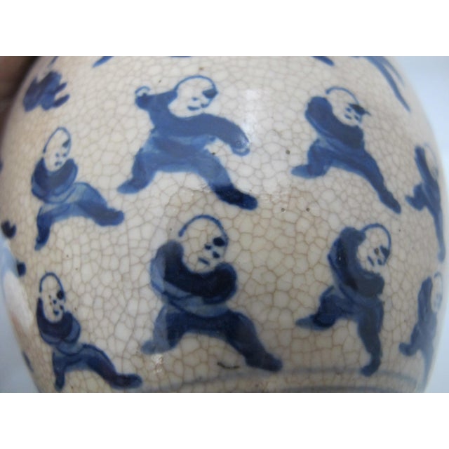 Chinese Qing 100 Boys Blue Porcelain Ginger Jar Snuff Bottle W/Carved Wood Lid For Sale - Image 10 of 11