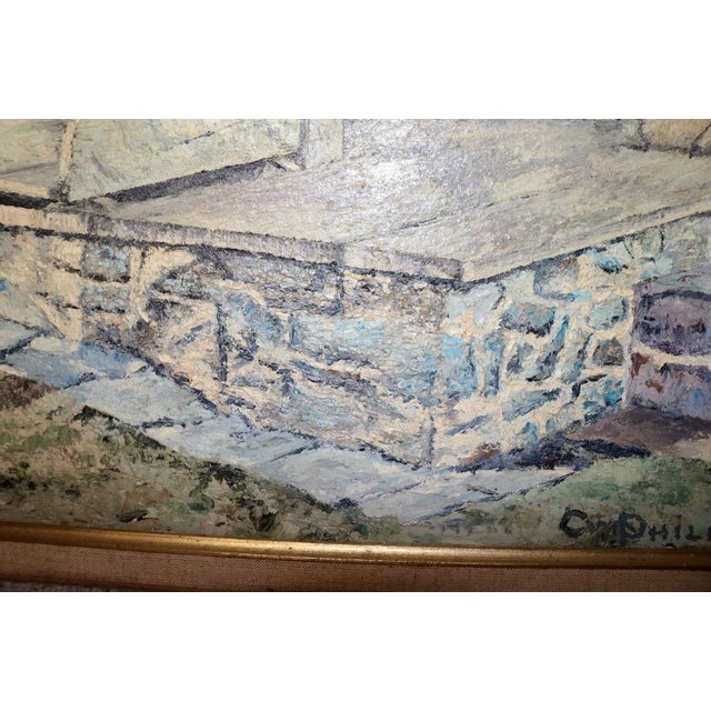 Beige Vintage Original c.w. Phillips 1967 Well Water Pump Barn Landscape Oil Painting For Sale - Image 8 of 12