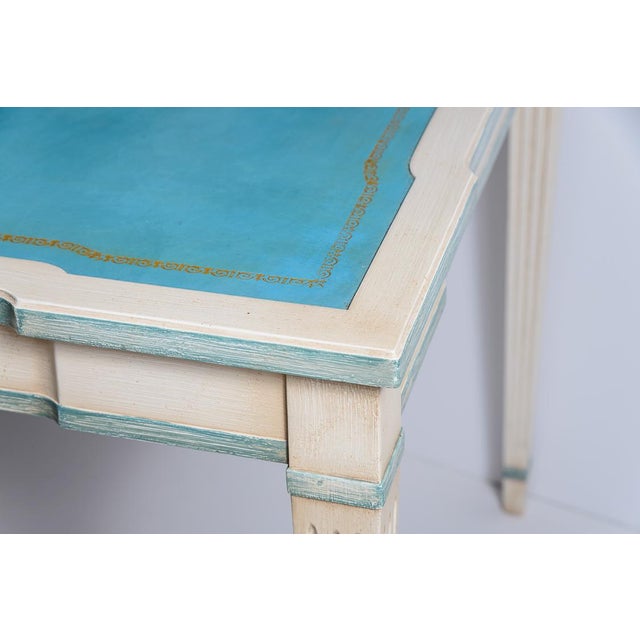 French Painted Game Table With Aqua Blue Tooled Leather Chairish