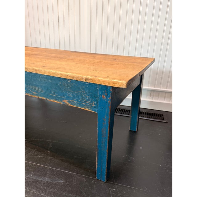 English Pine Coffee Table With Blue Painted Base For Sale In New York - Image 6 of 9
