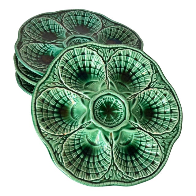20th Century French Green Majolica Plates from Sarreguemines, Set of 4 For Sale