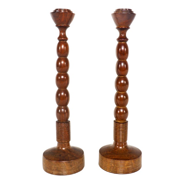Geoorgian Revival Bobbin Turned Mahogany Candlesticks, 1800s, Set of 2 For Sale