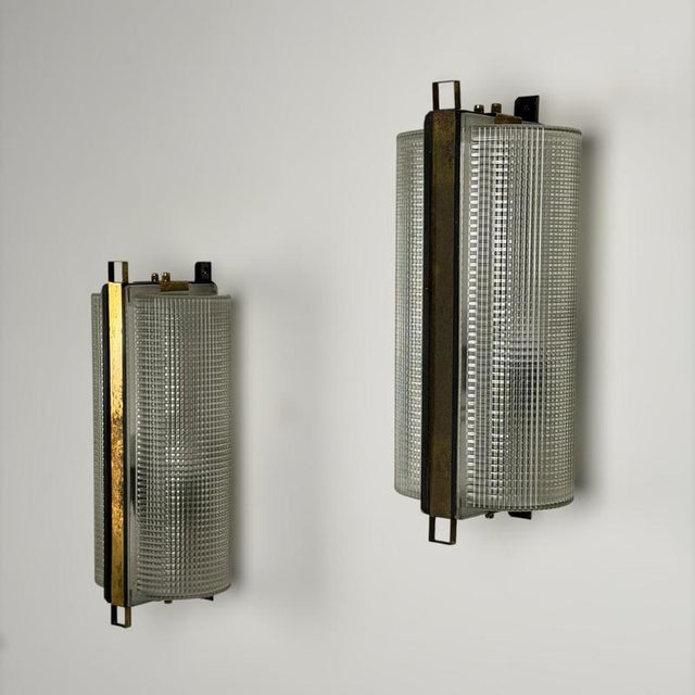 Large Brass and Pressed Glass Sconces by Jacques Adnet, France, 1960s, Set of 2 For Sale - Image 9 of 18
