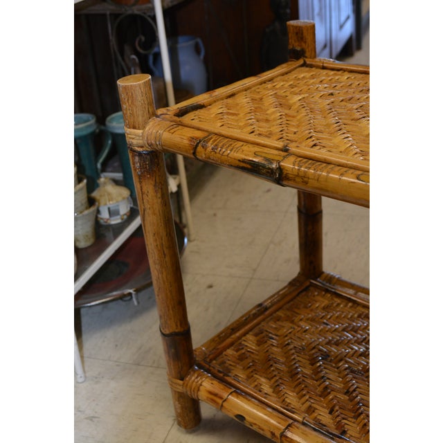 Vintage Bamboo & Woven Rattan 2 & 3 Tiered Decorative Long Shelving Shelf Unit For Sale - Image 6 of 18