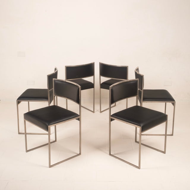 Italian SQ Dining Chairs in Brushed Steel and Black Vegan-Leather, 1970s, Set of 6 For Sale - Image 9 of 18