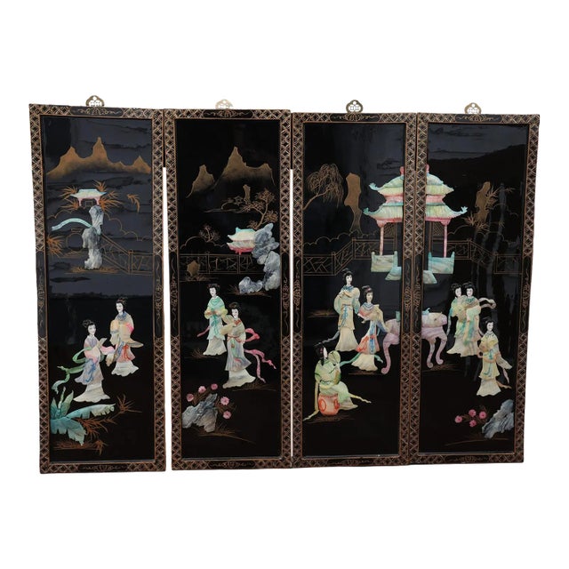 Antique Mid-Century Chinese Black Lacquer Wall Panels: Set of 4 With Raised Hardstone and Mother-of-Pearl Inlay For Sale