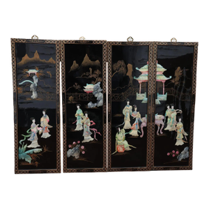 Antique Mid-Century Chinese Black Lacquer Wall Panels: Set of 4 With Raised Hardstone and Mother-of-Pearl Inlay