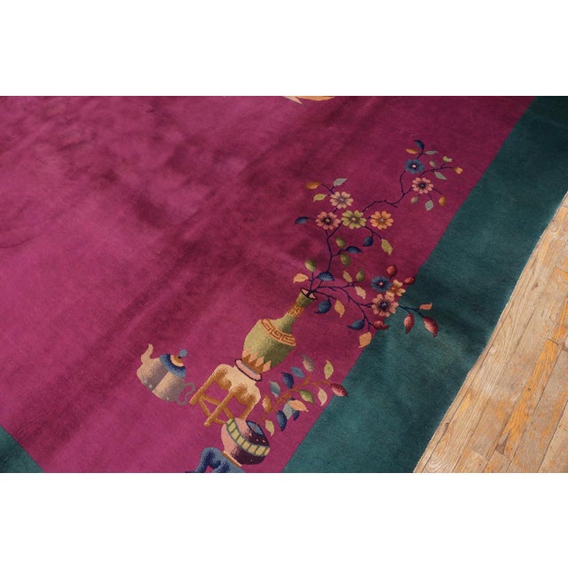 Art Deco 1920s Pink Blush Floral Antique Chinese Deco Rug 8'10" X 11'4 Handknotted Wool Carpet For Sale - Image 3 of 7