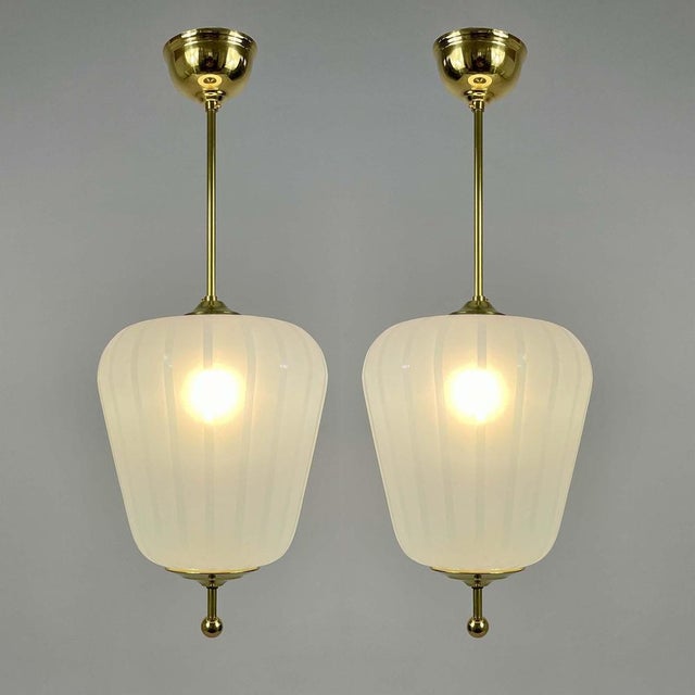 Satin Striped Glass and Brass Pendants, Sweden, 1950s, Set of 2 For Sale - Image 3 of 17