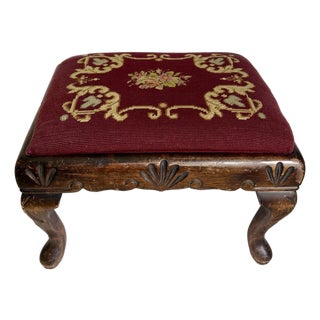 Antique English Needlepoint Footstool With Carved Queen Anne Style Legs For Sale
