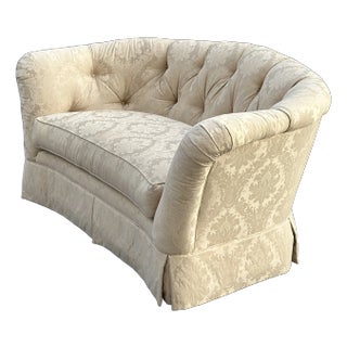 Vintage Ethan Allen Beige Damask Tufted Curved Loveseat For Sale