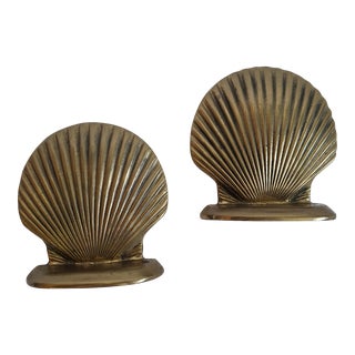 Pair of Vintage Brass Hollywood Regency Shell Bookends For Sale