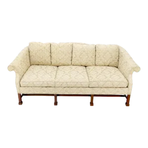 Camel Back Federal Style Mahogany Stretcher Base Beige Upholstery Sofa