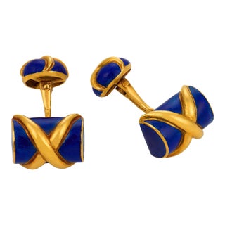 1980s Pair of Tiffany & Co. Schlumberger 18k Yellow Gold Enamel Cufflinks For Sale