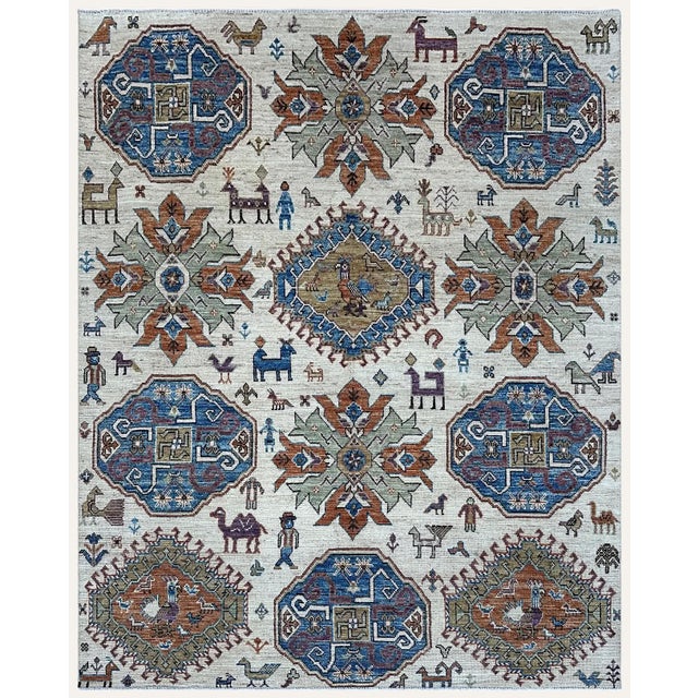 Traditional 8x9.11 Kazak Design Carpet With Animals, Ivory For Sale - Image 3 of 12