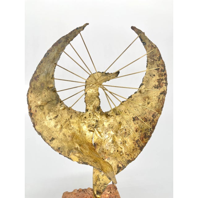 1970s Brutalist Metal Phoenix Bird Sculpture on Natural Stone For Sale - Image 9 of 12