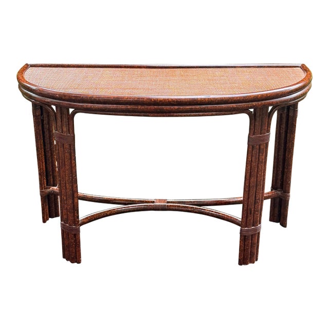 Vintage Faux Tortoise Rattan Console Table For Sale