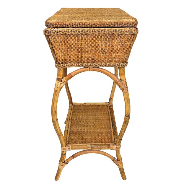 Wood Vintage Bamboo and Rattan Sewing Basket Side Table With Lid - Organic Modern For Sale - Image 7 of 12