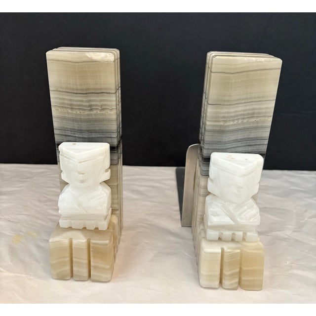 Mid-Century Modern Mid 20th Century Carved Onyx Marble Bookends With Aztec Figural Motif, Sculptural Stone Desk Accessories For Sale - Image 3 of 9