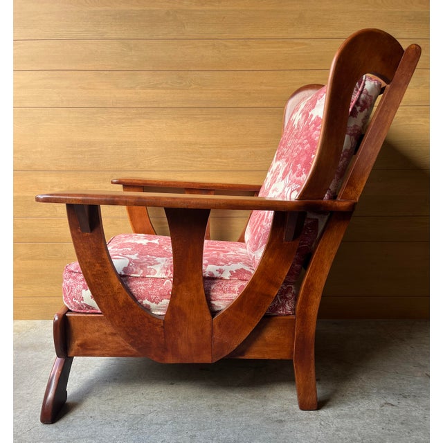 1930s Late Art Deco His and Hers Paddle Arm Lounge Chairs With Toile Uphostery- Set of 2 For Sale In Philadelphia - Image 6 of 12