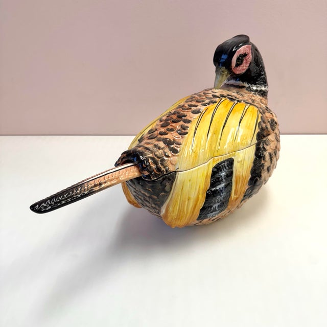 A spectacular large hand painted vintage Italian pheasant shaped tureen with matching ladle. Beautiful textural feather...