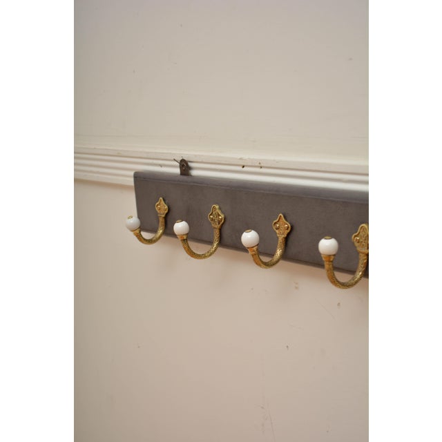 Antique Victorian Coat Rack with Cast Brass and Ceramic Hooks, 1880 For Sale - Image 3 of 16